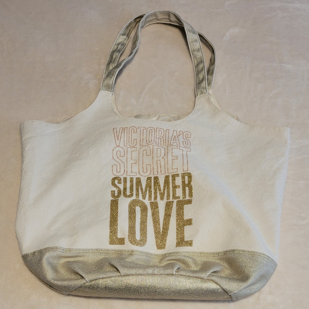 Victoria's Secret Summer Love Shimmer Canvas Sparkle Gold Tote Bag, Large Beach